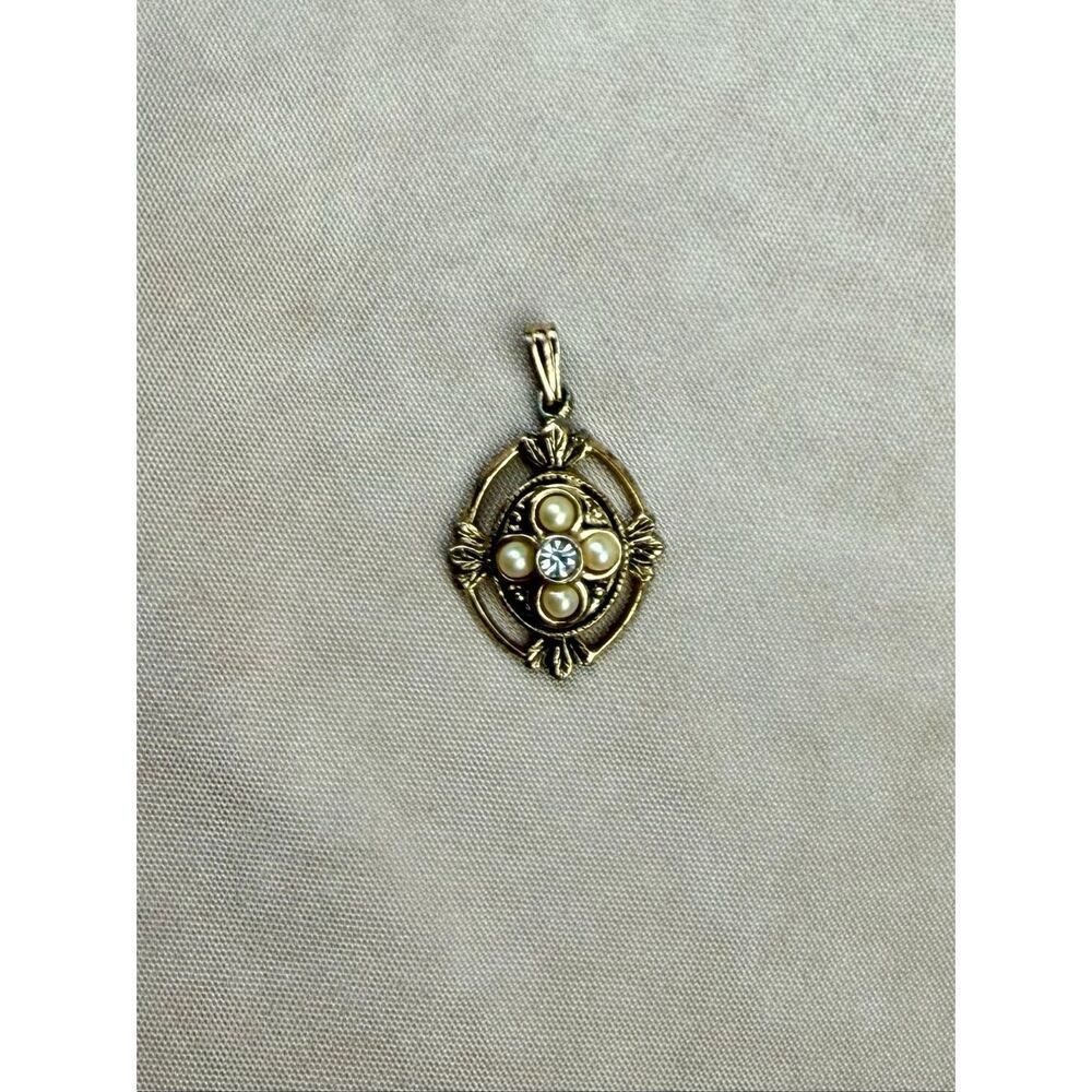 Vintage Faux Seed Pearls Rhinestone Gold Tone Pendant Victorian Style